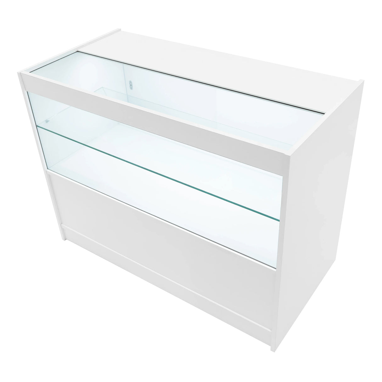 White Selene LED shop counter set with glass display shelves, sleek design, and modern finish, ideal for retail environments