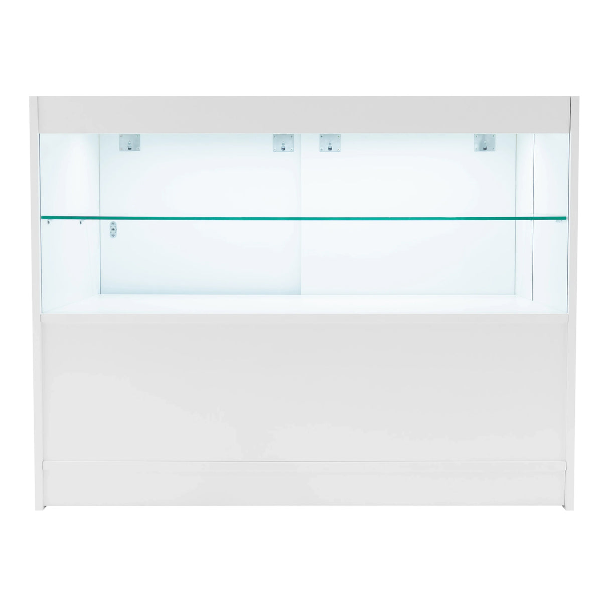 Selene LED shop counter set in white with two glass shelves, sleek design, illuminated interior, perfect for displaying products