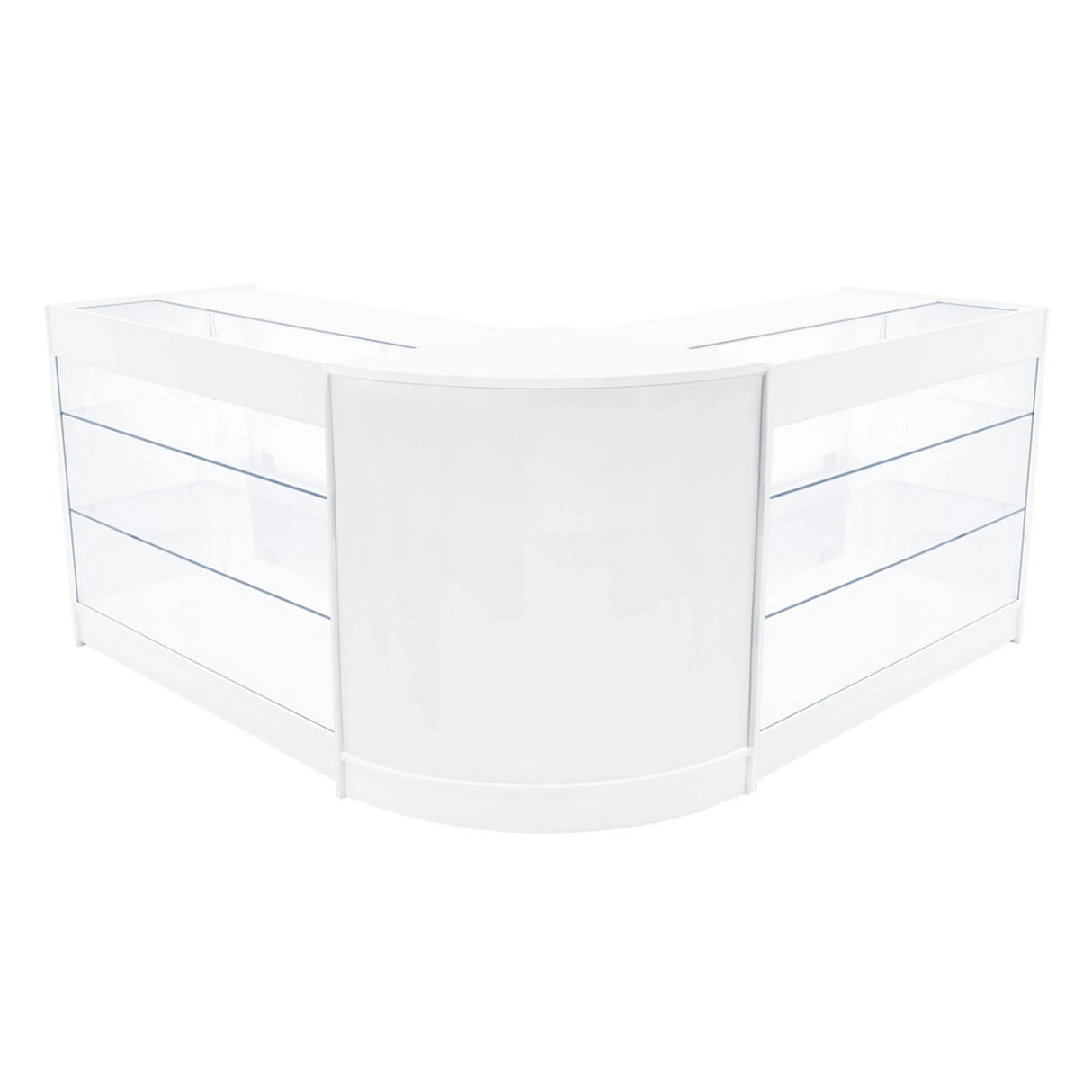 White Helios LED shop counter set with curved design, featuring two glass display shelves and a sleek, modern finish