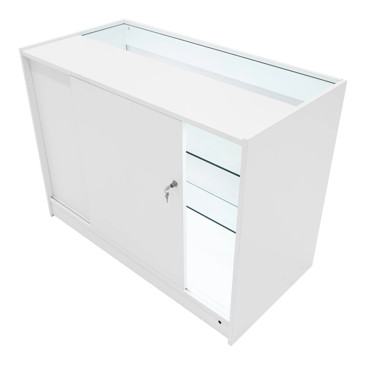 White Helios LED shop counter set with sleek design, featuring glass shelves and a lockable cabinet for secure storage