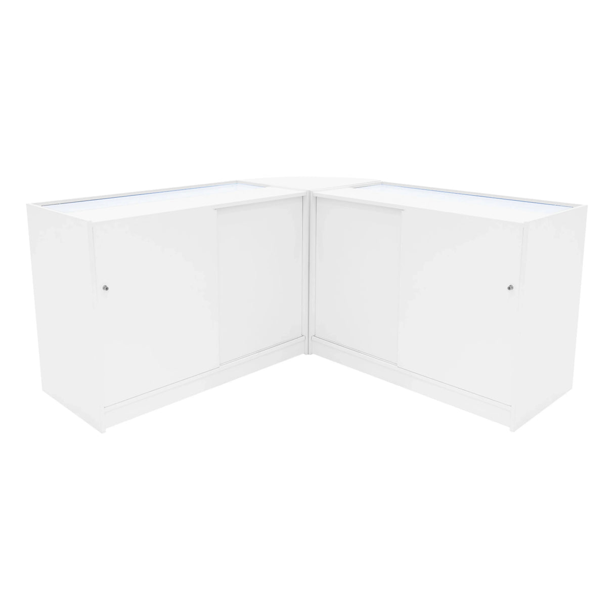Helios LED shop counter set in white, featuring a sleek corner design with smooth surfaces and glass display tops for visibility