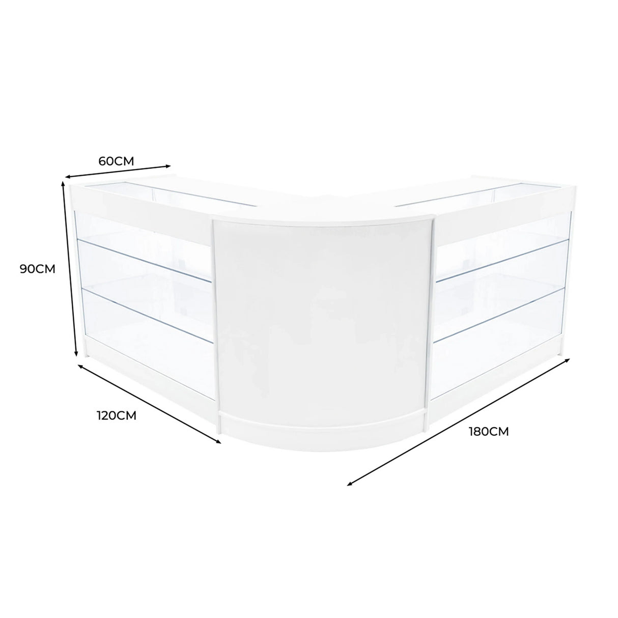 White Helios LED shop counter set with curved design, glass shelves, and dimensions 60cm x 120cm x 180cm, ideal for retail displays