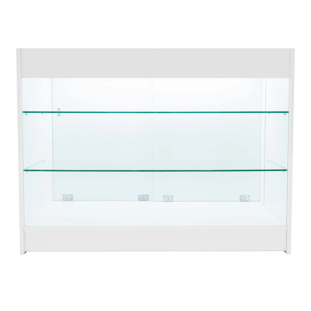 Helios LED shop counter set in white, featuring a sleek design with glass shelves and bright LED lighting for product display