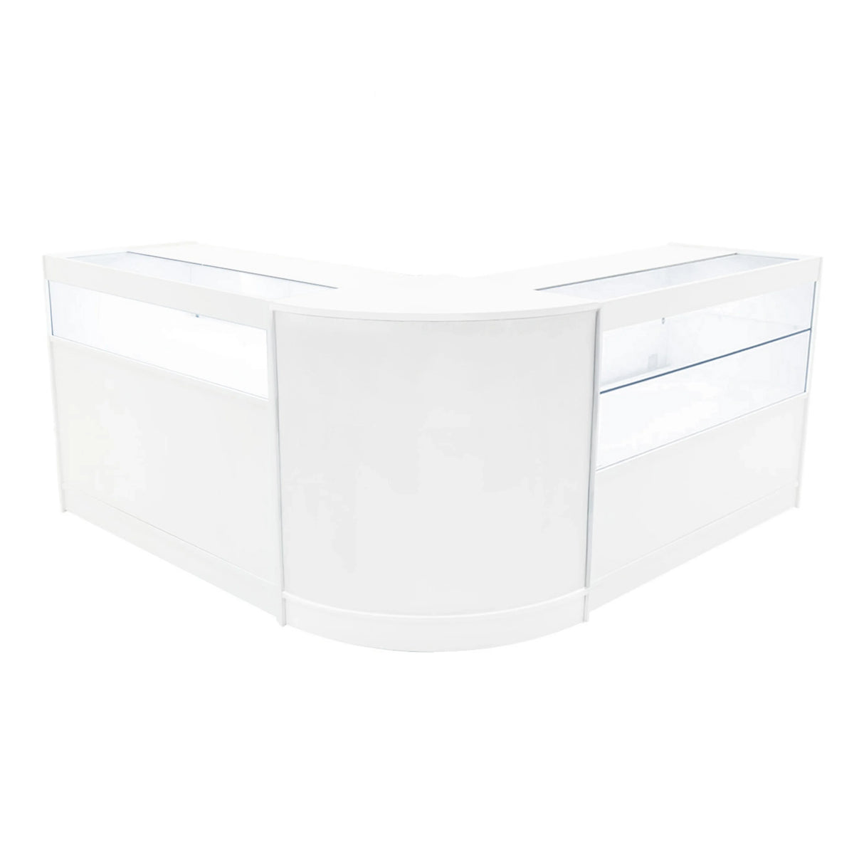 White Adonis LED Shop Counter Set featuring a sleek, modern design with glass display sections and smooth surfaces, ideal for retail spaces