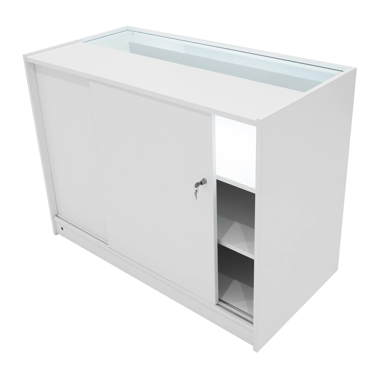 White Adonis LED shop counter set featuring sliding doors, glass top, and internal shelving for organized display and storage