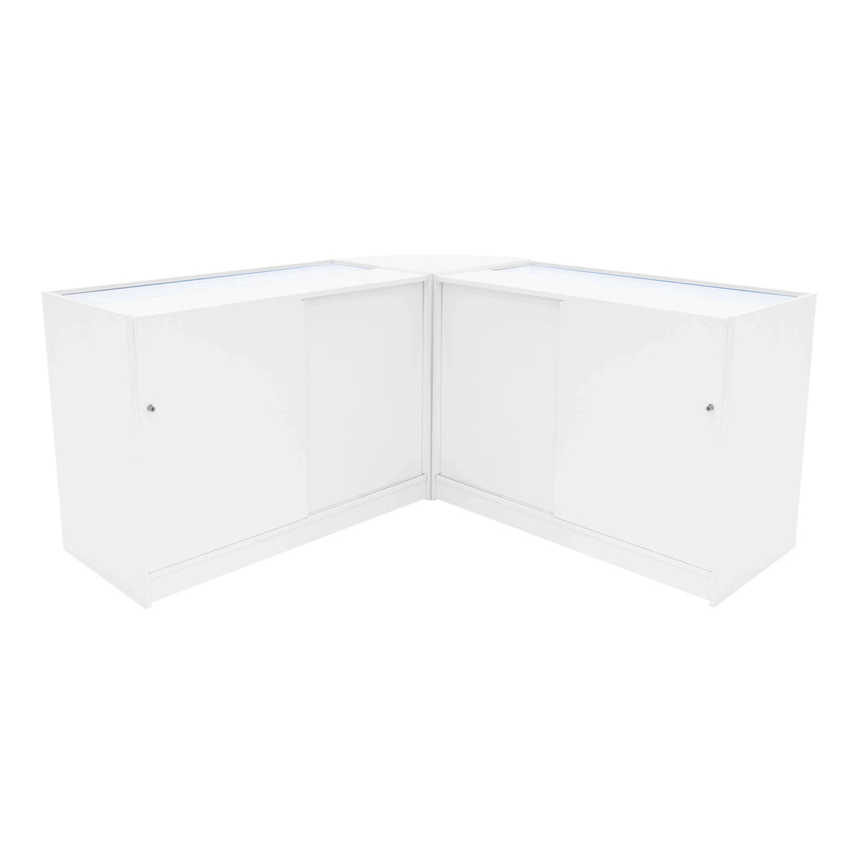 Adonis LED Shop Counter Set in white, featuring sleek, modern design with glass display tops and spacious storage compartments