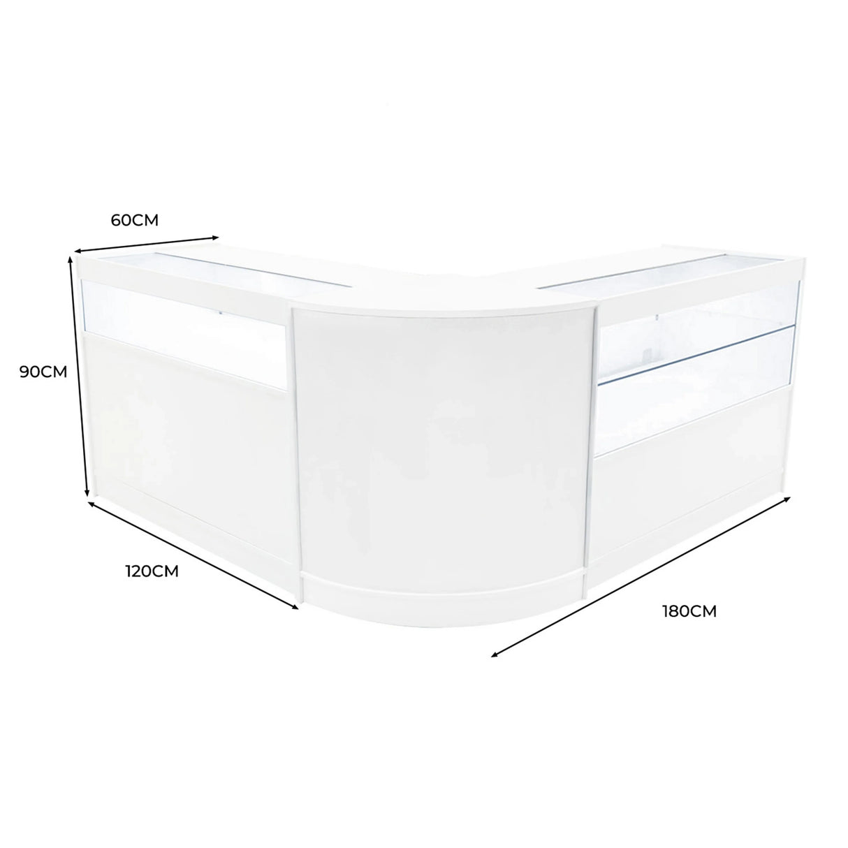 Curved white LED shop counter set featuring glass display sections, measuring 180cm by 120cm by 90cm, ideal for retail spaces