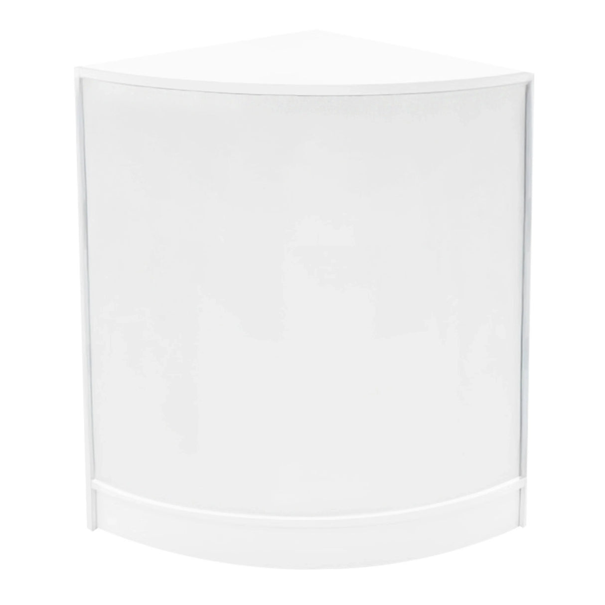 Sleek white corner shop counter with a smooth finish, designed for modern retail spaces, featuring LED lighting for enhanced visibility