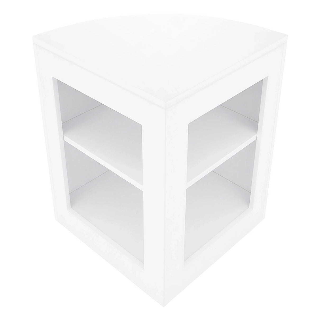 White Adonis LED Shop Counter Set featuring a sleek corner design, smooth surface, and two open shelves for display and storage