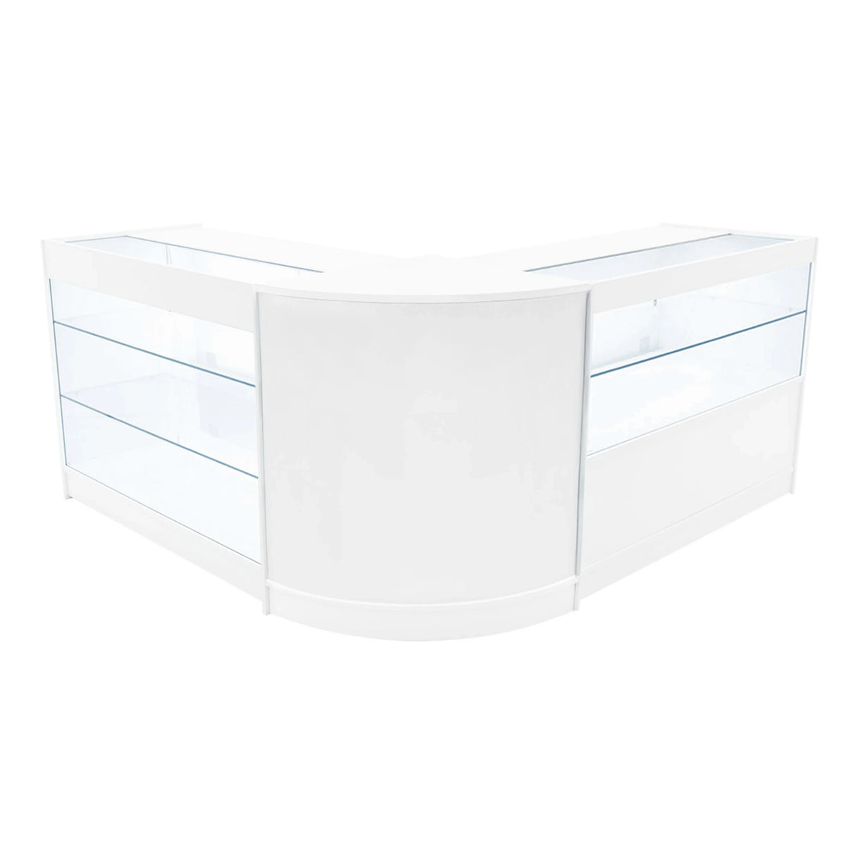 White Hera LED Shop Counter Set featuring sleek glass display shelves and a modern curved design, ideal for retail spaces