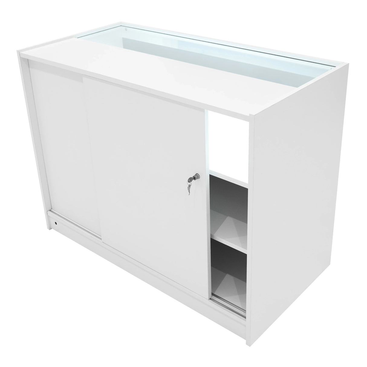 Triton LED Shop Counter Set in white, featuring sliding doors, glass top, and internal shelving for organized display and storage
