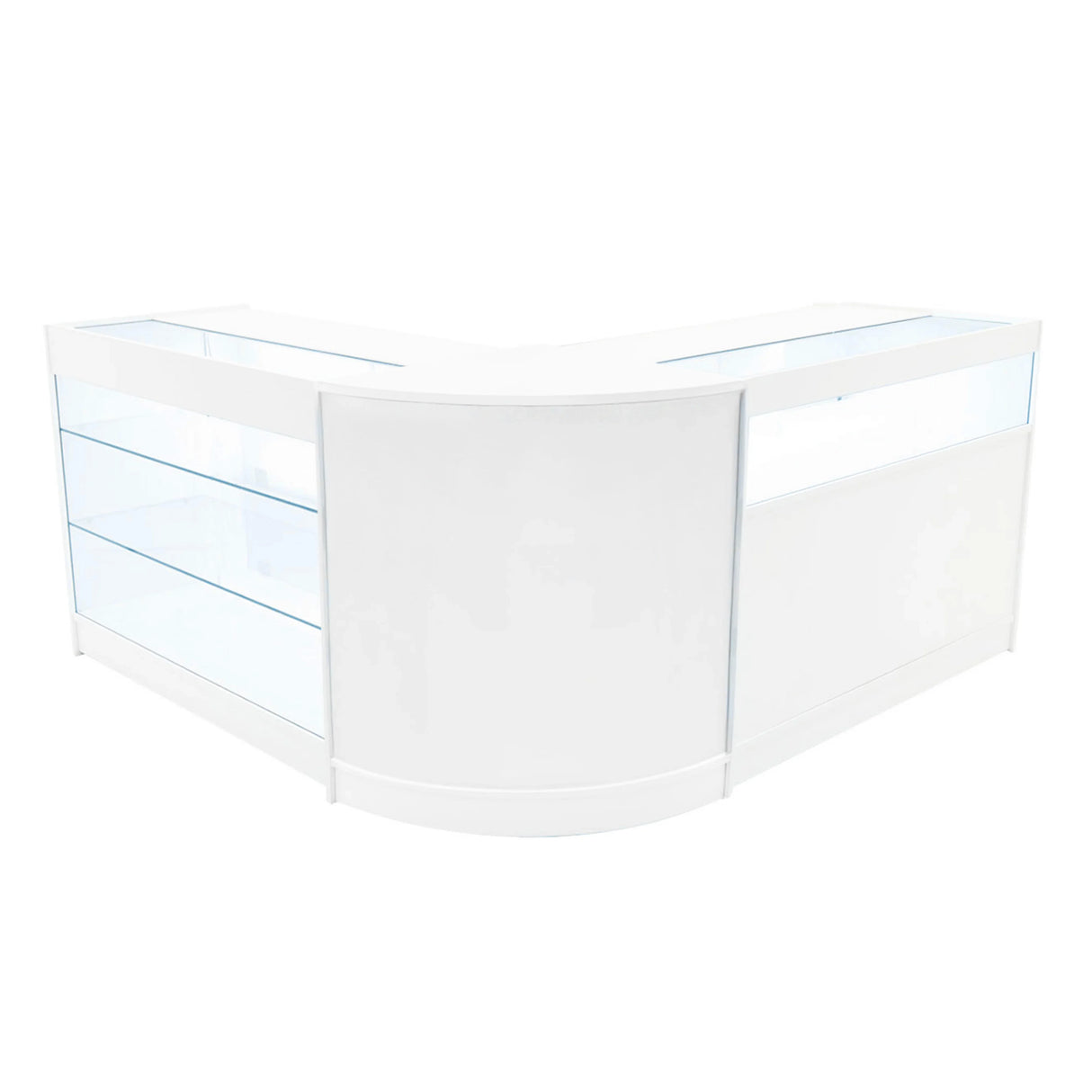 White Triton LED Shop Counter Set featuring sleek glass displays, modern curved design, and illuminated shelving for enhanced visibility