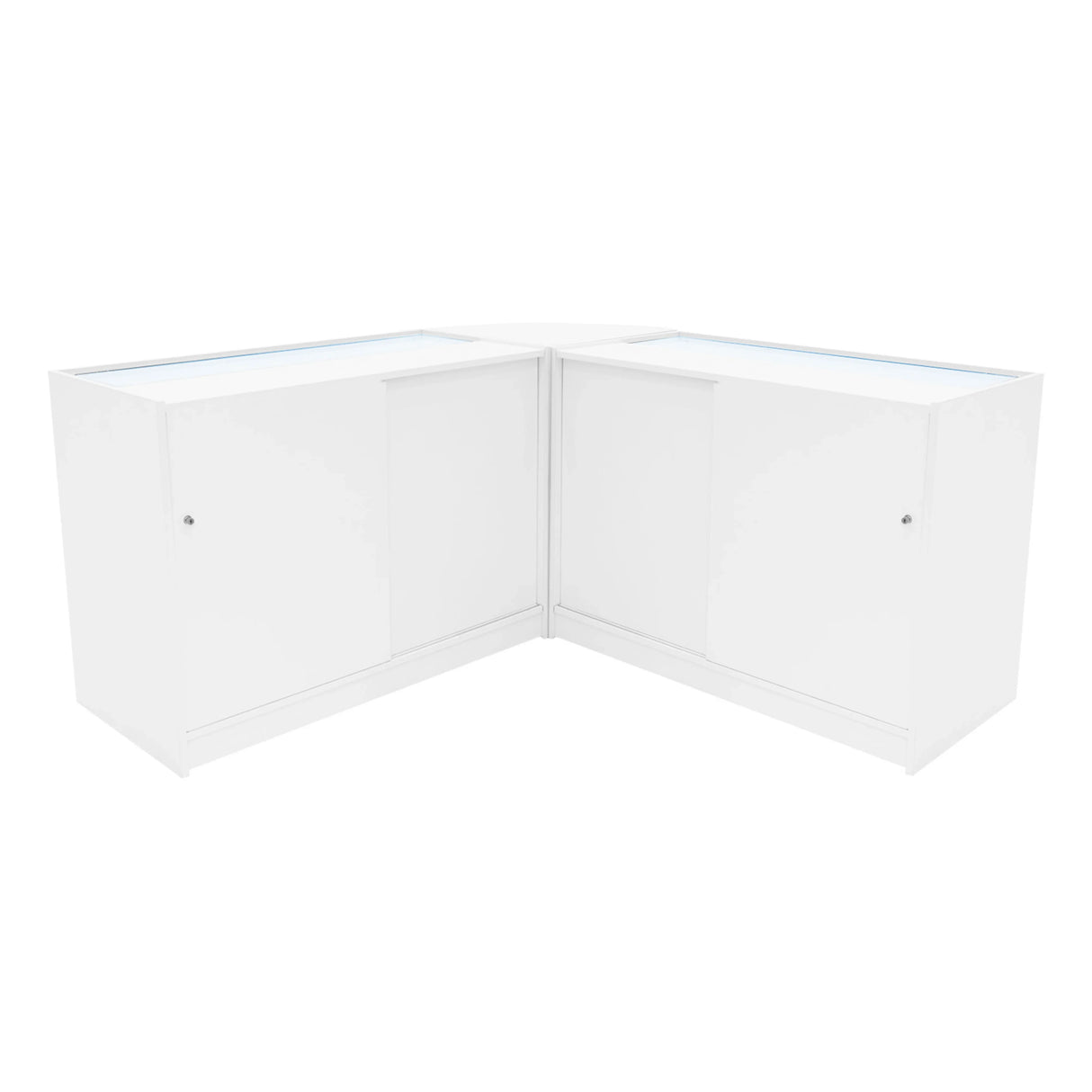 Hera LED Shop Counter Set in white, featuring sleek design, smooth surfaces, and integrated LED lighting for modern retail displays
