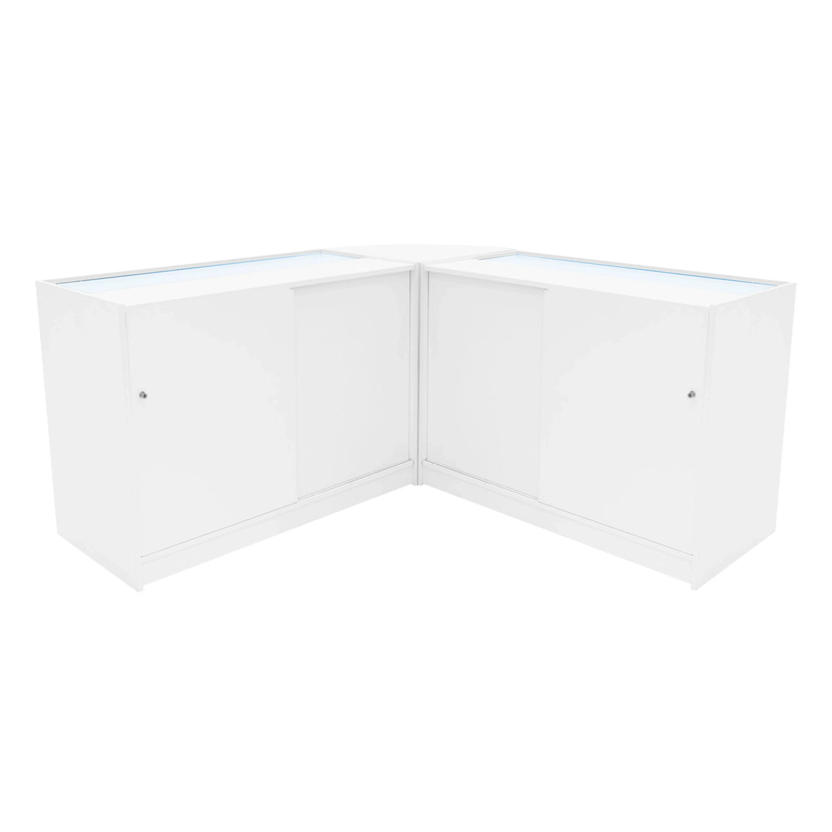 Triton LED Shop Counter Set in white, featuring sleek design, smooth surfaces, and spacious storage with sliding doors
