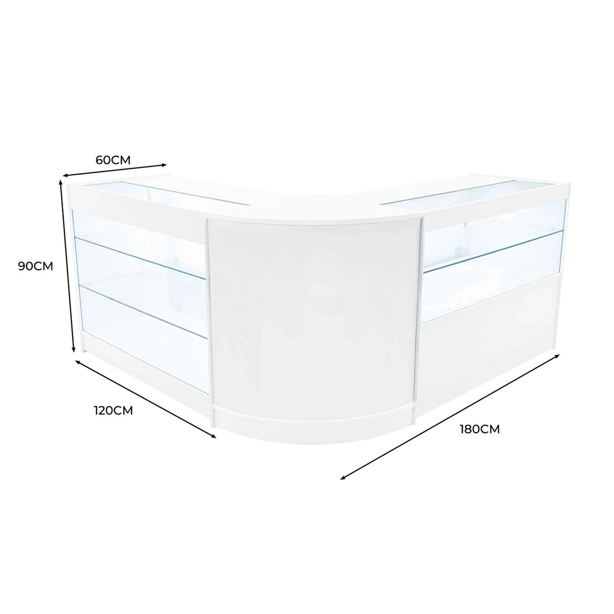 Hera LED Shop Counter Set in white, featuring a sleek curved design, glass display shelves, and modern LED lighting for retail spaces
