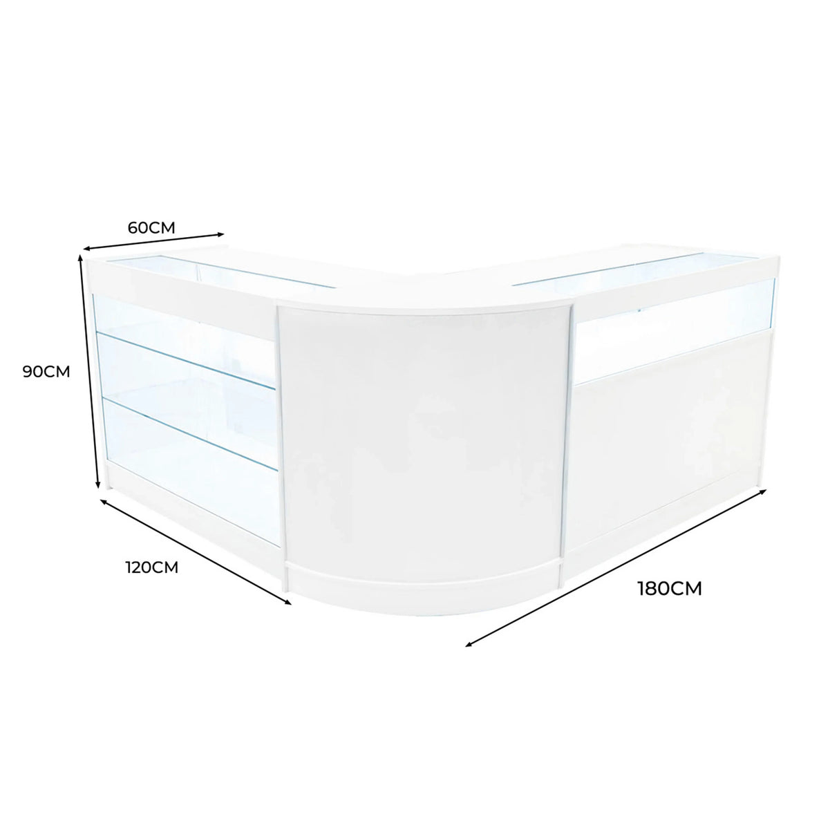 Triton LED Shop Counter Set in white, featuring sleek curved design, glass shelves, and dimensions of 180cm x 120cm x 90cm