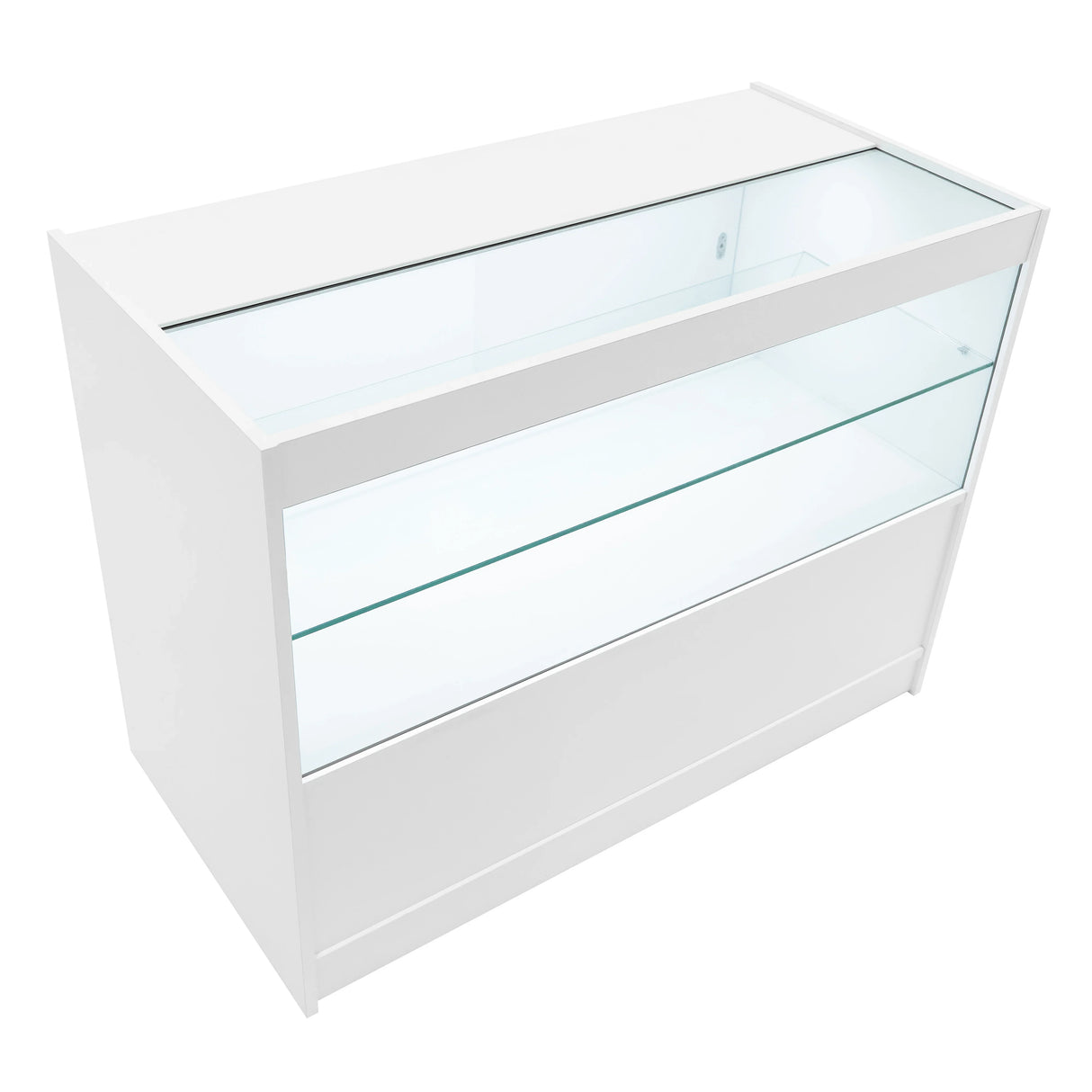 Hera LED Shop Counter Set in white, featuring a sleek design with glass display shelves and a spacious storage area for products