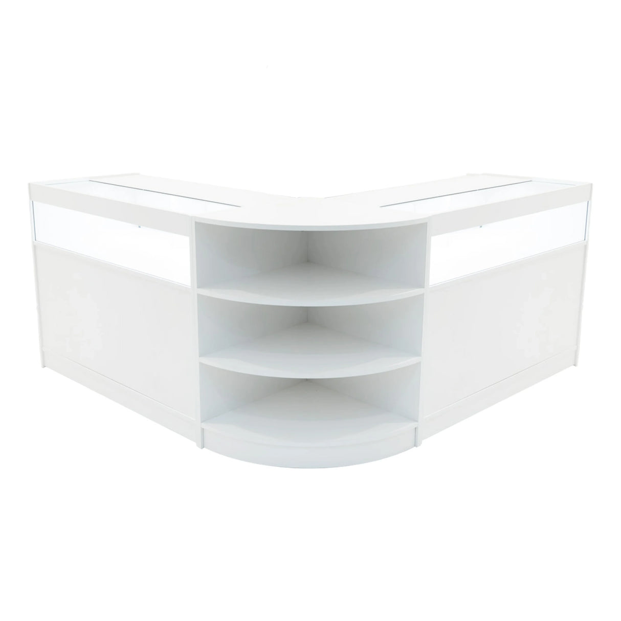 Theseus LED shop counter set in sleek white, featuring a modern curved design with open shelving and illuminated display areas