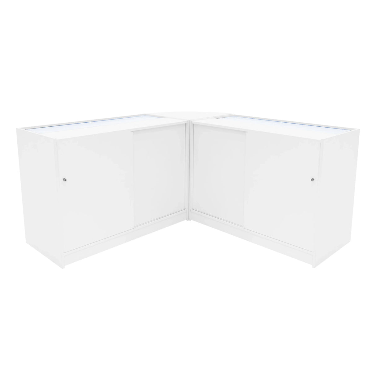 Theseus LED shop counter set in sleek white, featuring two B1200 counters and an LM60 corner unit with smooth surfaces and modern design