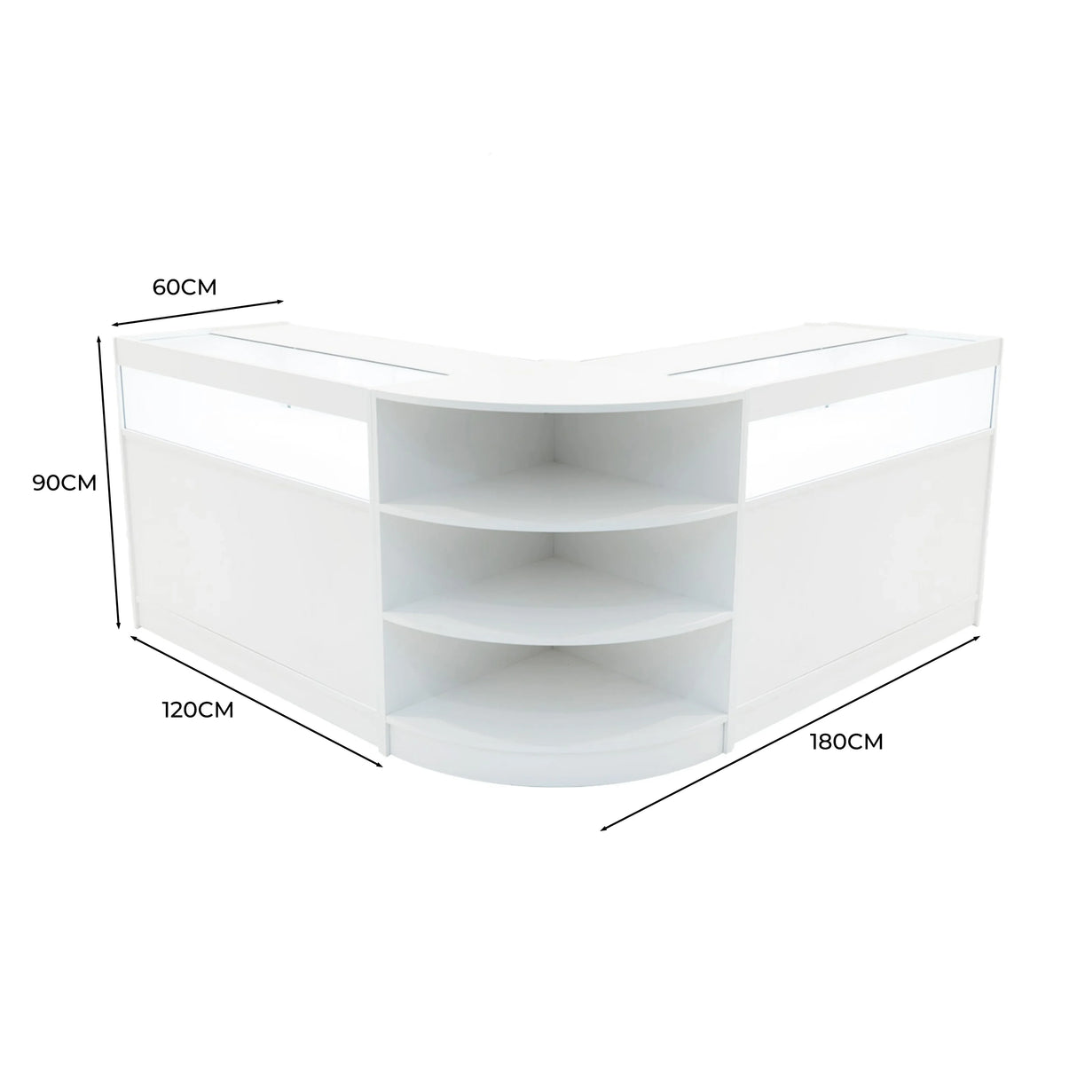 Theseus LED shop counter set in white, featuring a sleek curved design with multiple shelves and integrated LED lighting