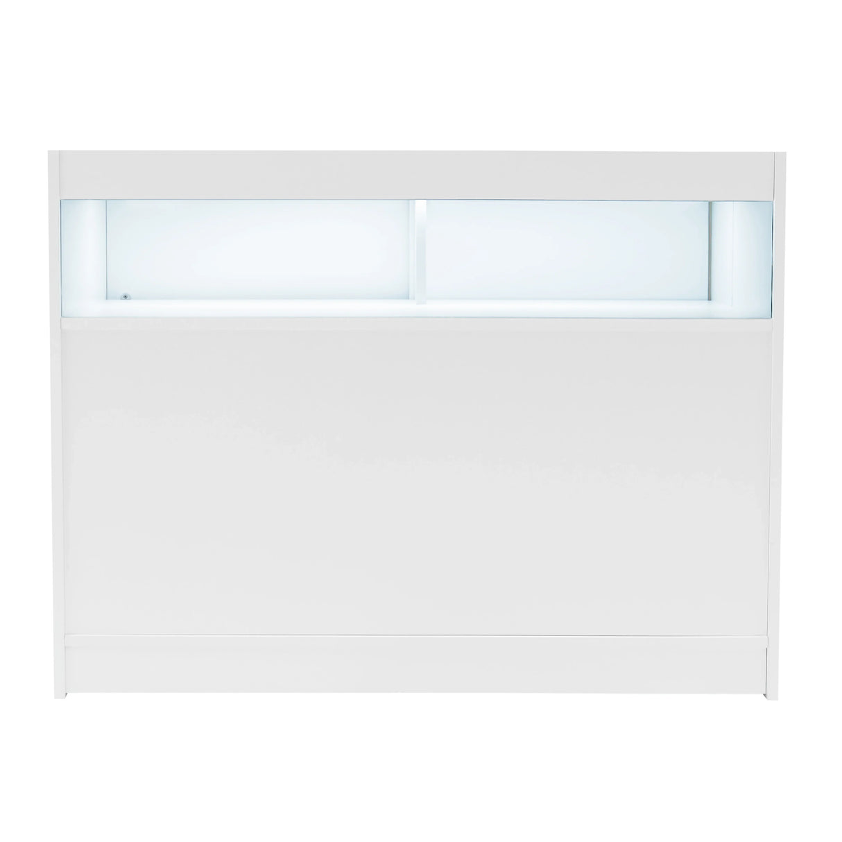 Theseus LED shop counter set in sleek white, featuring a smooth surface and illuminated display area for showcasing products
