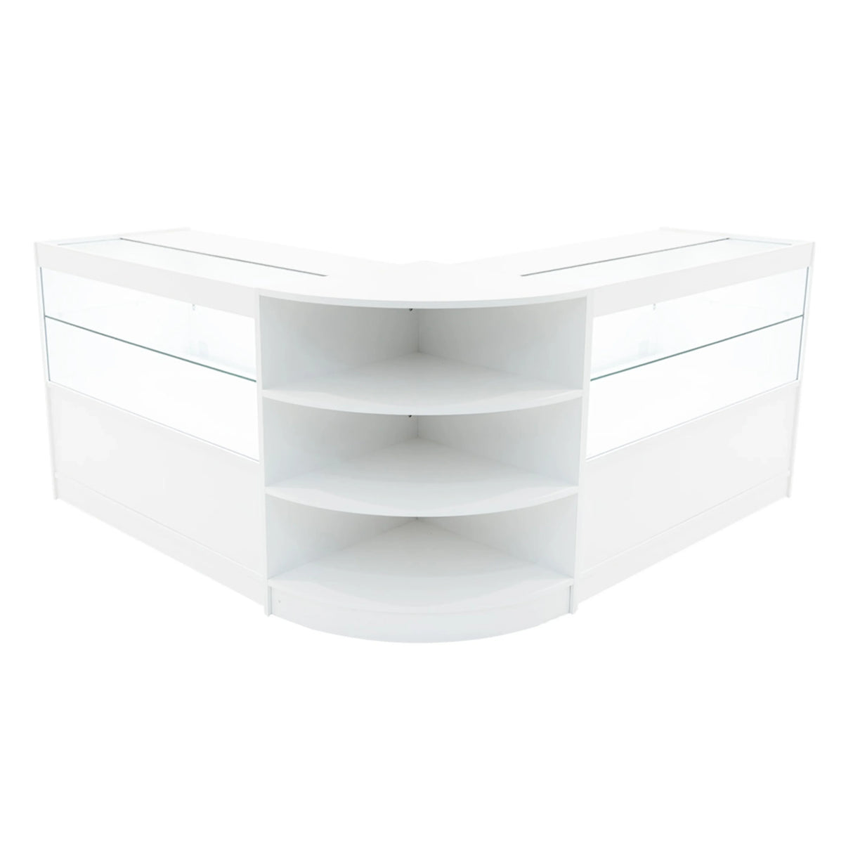 White Andromeda LED shop counter set featuring a sleek, modern design with glass display sections and curved edges for stylish retail presentation
