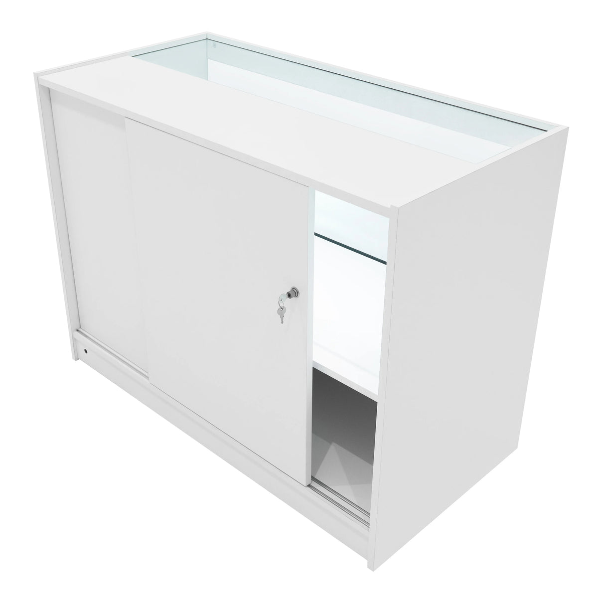 Andromeda LED shop counter set in sleek white, featuring sliding doors, glass display shelves, and modern design for retail spaces