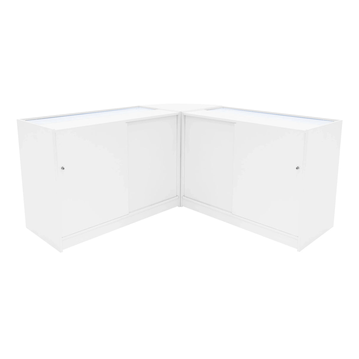 White Andromeda LED Shop Counter Set with sleek design, featuring two C1200 display units and a corner configuration for optimal space usage