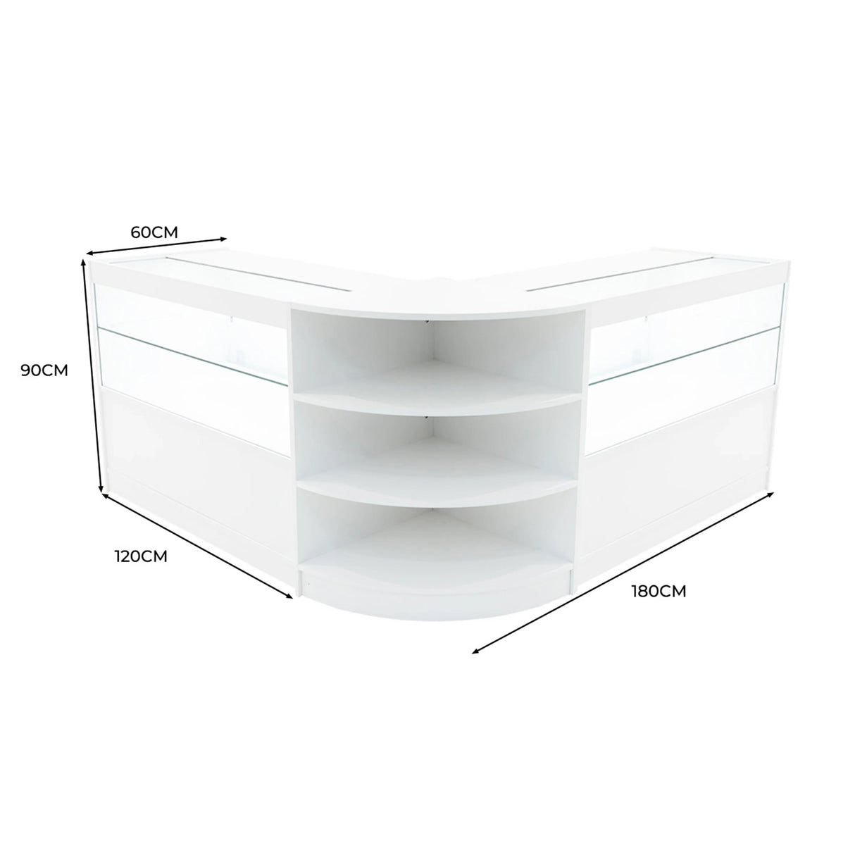 Andromeda LED Shop Counter Set in white, featuring a sleek corner design with glass display shelves and modern LED lighting