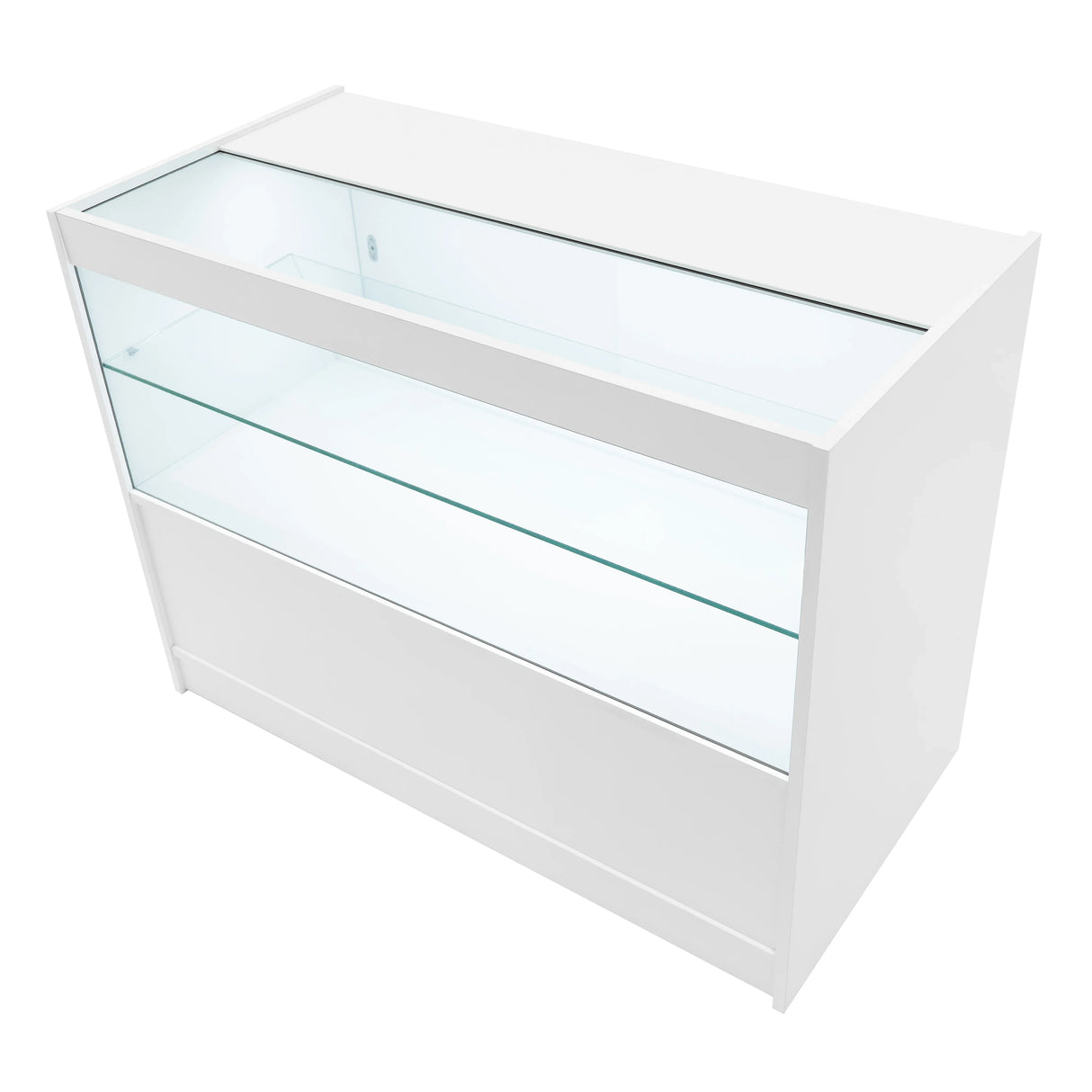 Sleek white Andromeda LED shop counter set with glass display top, featuring two C1200 shelves for showcasing products