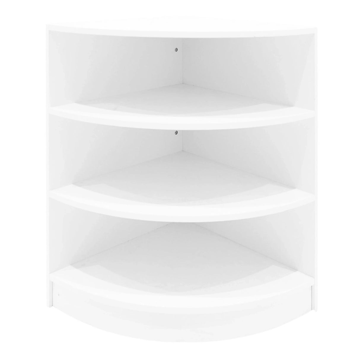 Curved white LED shop counter set with four spacious shelves, designed for retail display and organization, featuring a sleek finish