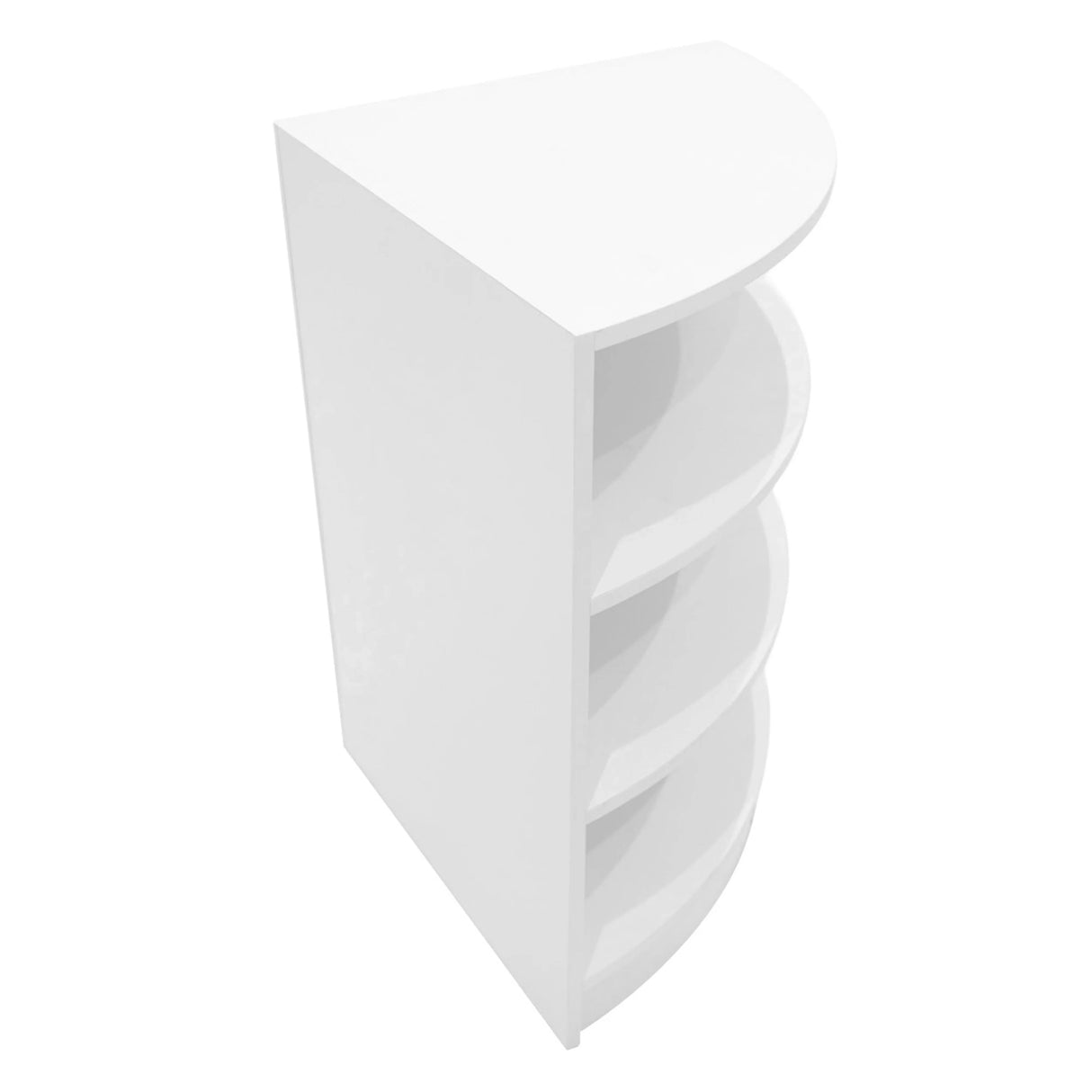 Curved white LED shop counter with four shelves, designed for modern retail displays, showcasing a sleek and minimalist aesthetic