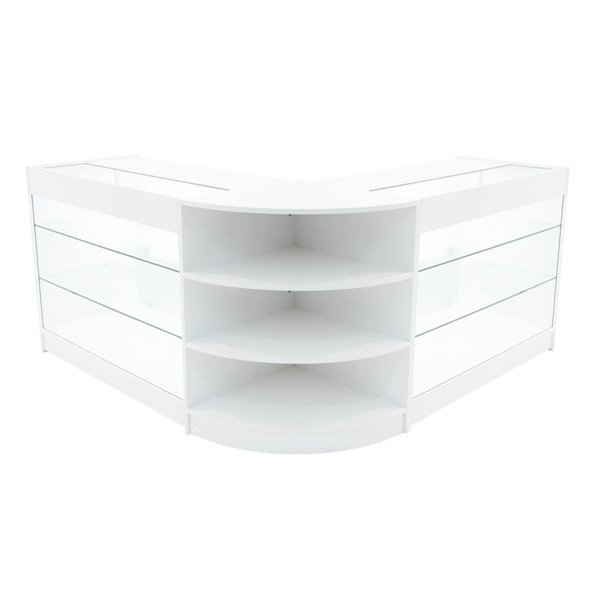 White Apollo LED shop counter set featuring a modern design with curved edges, glass shelves, and ample display space for products