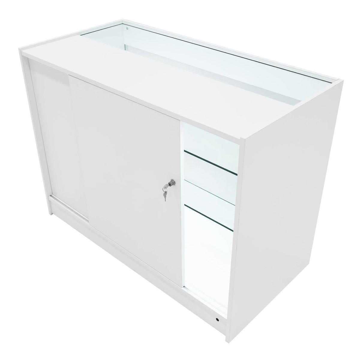 White Apollo LED shop counter set with sleek design, glass shelves, and a lockable cabinet for secure storage and display