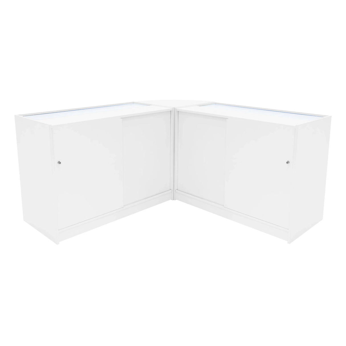 White Apollo LED Shop Counter Set featuring a sleek, modern design with two K1200 cabinets and a spacious, illuminated top surface