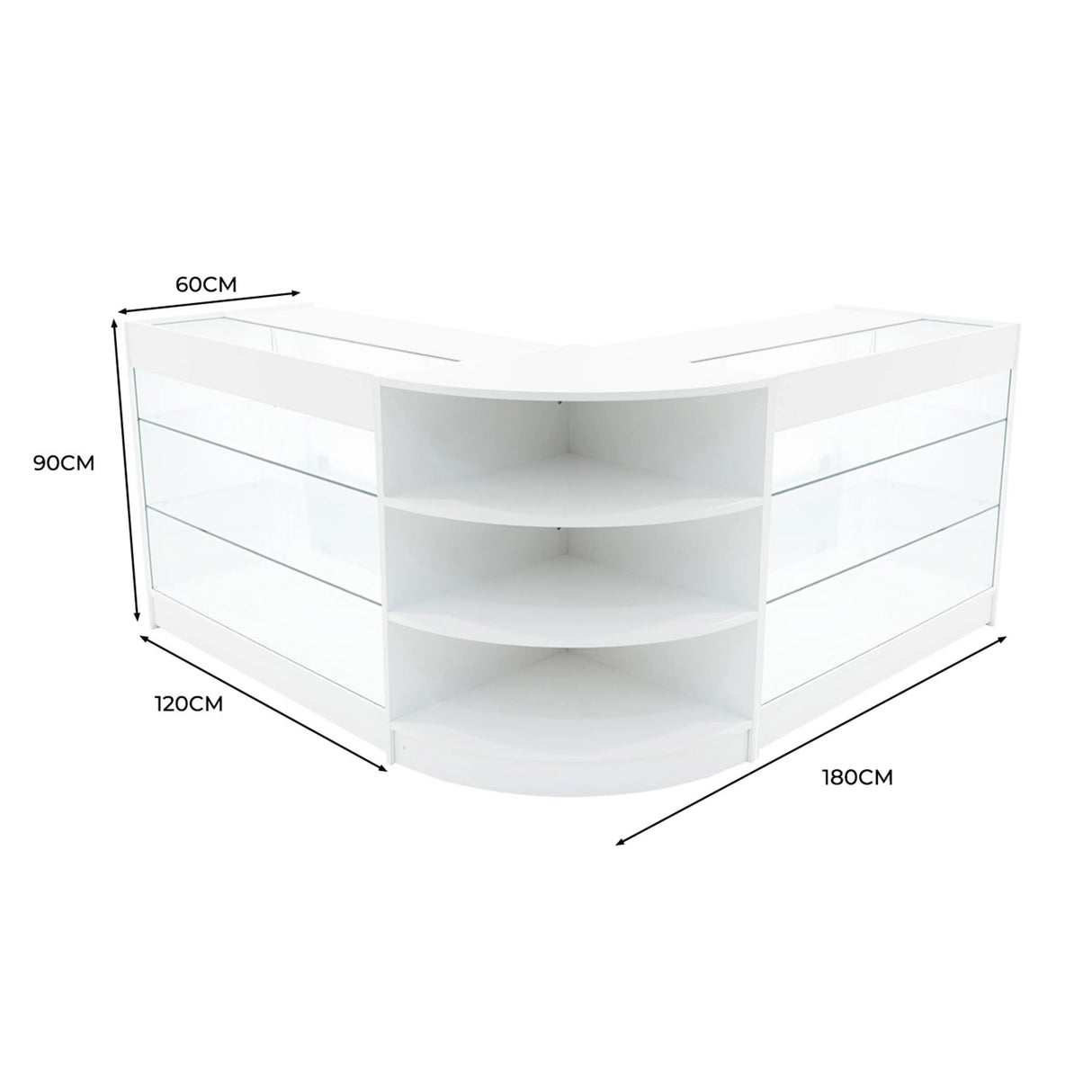 White Apollo LED shop counter set with curved design, glass shelves, and dimensions 180cm x 120cm x 90cm, ideal for retail displays