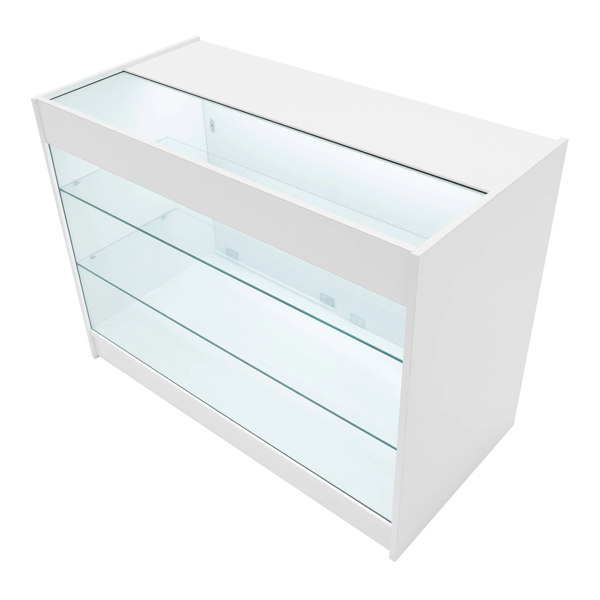 Sleek white Apollo LED shop counter set with glass shelves, featuring modern design and integrated lighting for displays