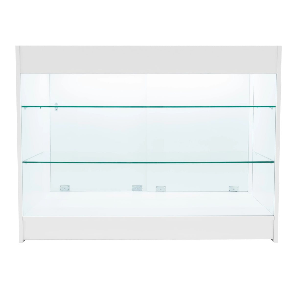 White Apollo LED shop counter set with glass shelves, featuring a sleek design and illuminated interior for showcasing products