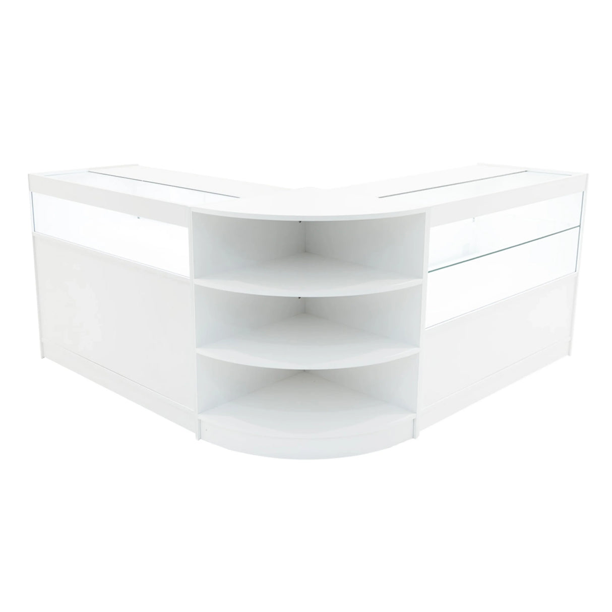 Harmonia LED Shop Counter Set in white, featuring a modern design with glass display shelves and a sleek, curved shape