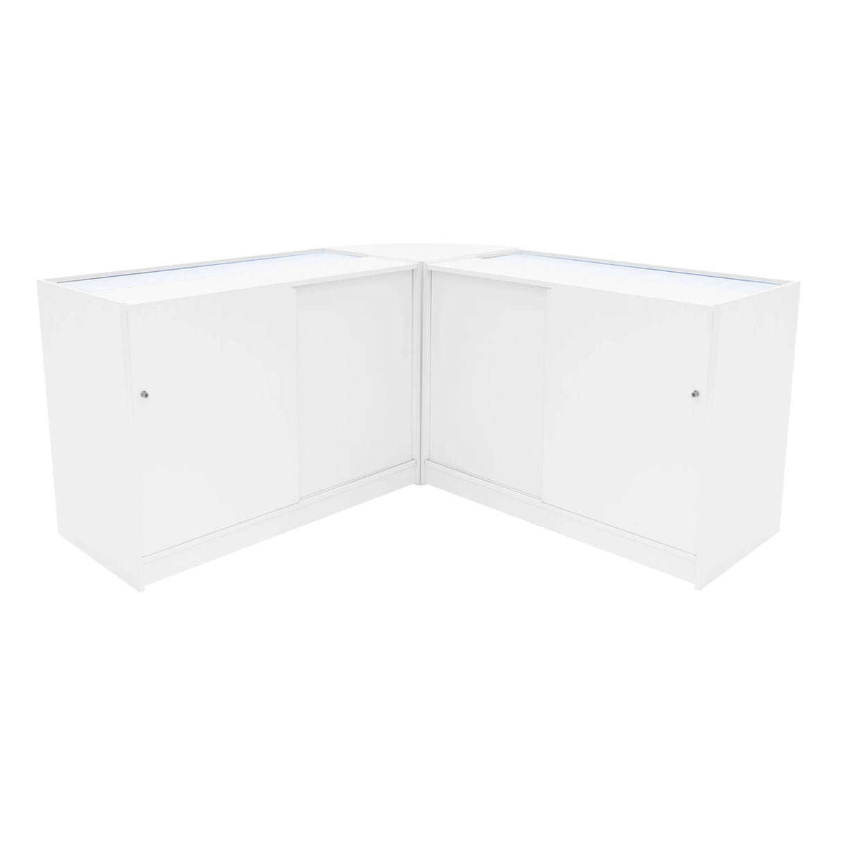 Harmonia LED Shop Counter Set in white, featuring a modern corner design with sleek surfaces and glass display tops for visibility