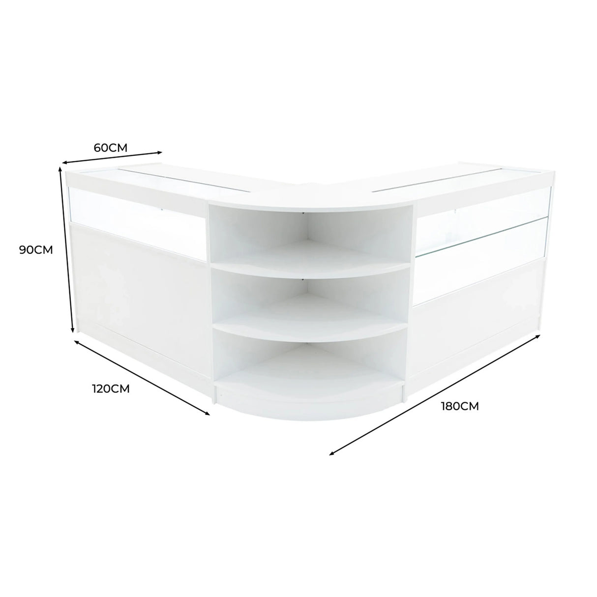 Curved white LED shop counter set with glass display, featuring multiple shelves and sleek modern design, dimensions 180cm x 120cm x 90cm