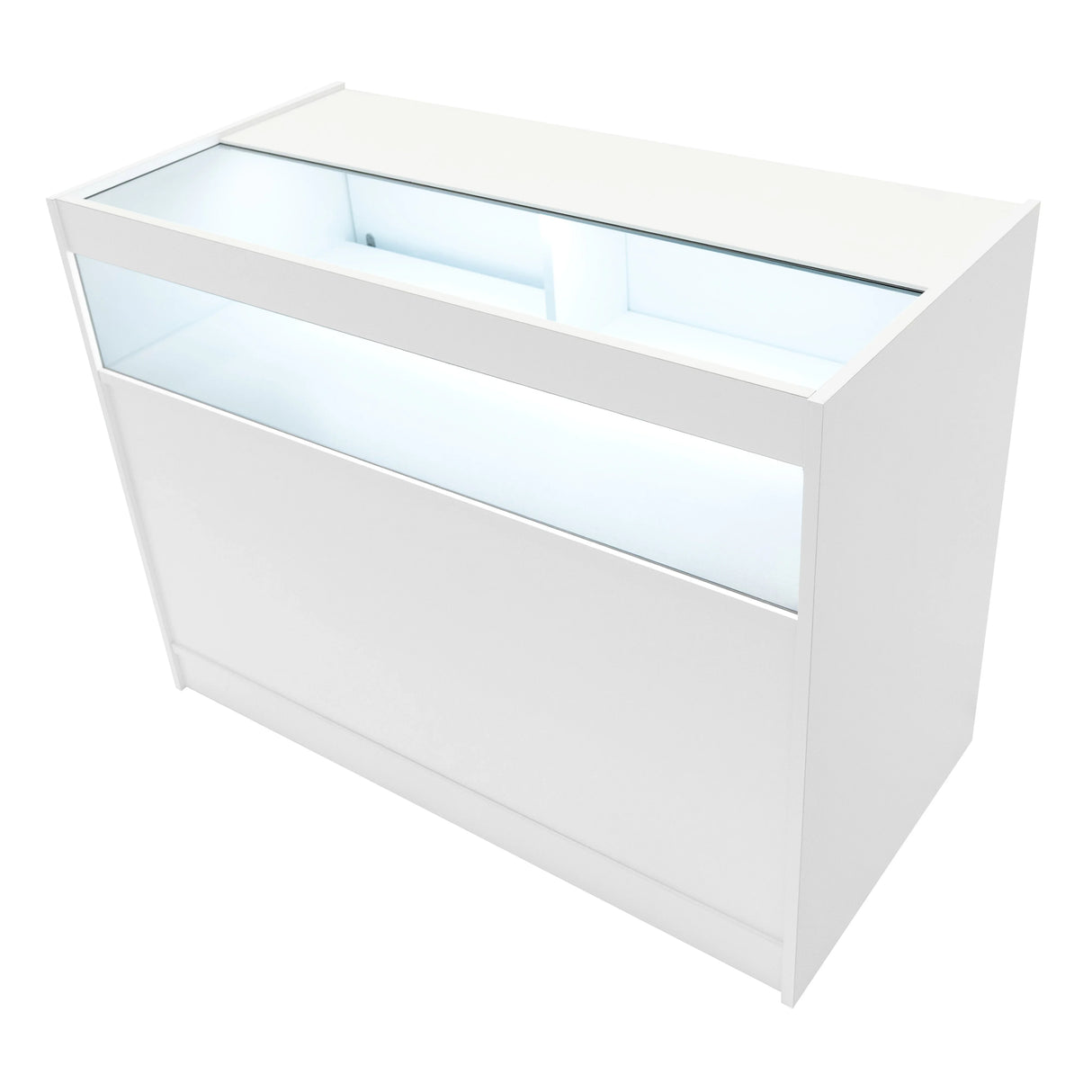 Harmonia LED shop counter set in sleek white, featuring a glass display top and illuminated interior for showcasing products
