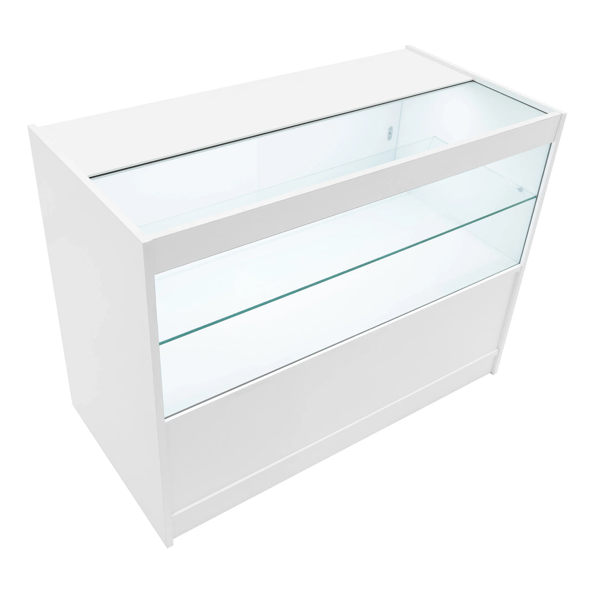Harmonia LED shop counter set in white, featuring a sleek design with a glass display top and spacious storage below, ideal for retail use