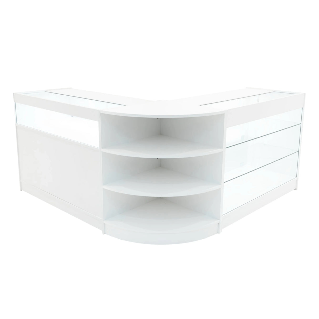 White Demeter LED shop counter set featuring curved shelves and glass displays, ideal for retail environments and product showcasing