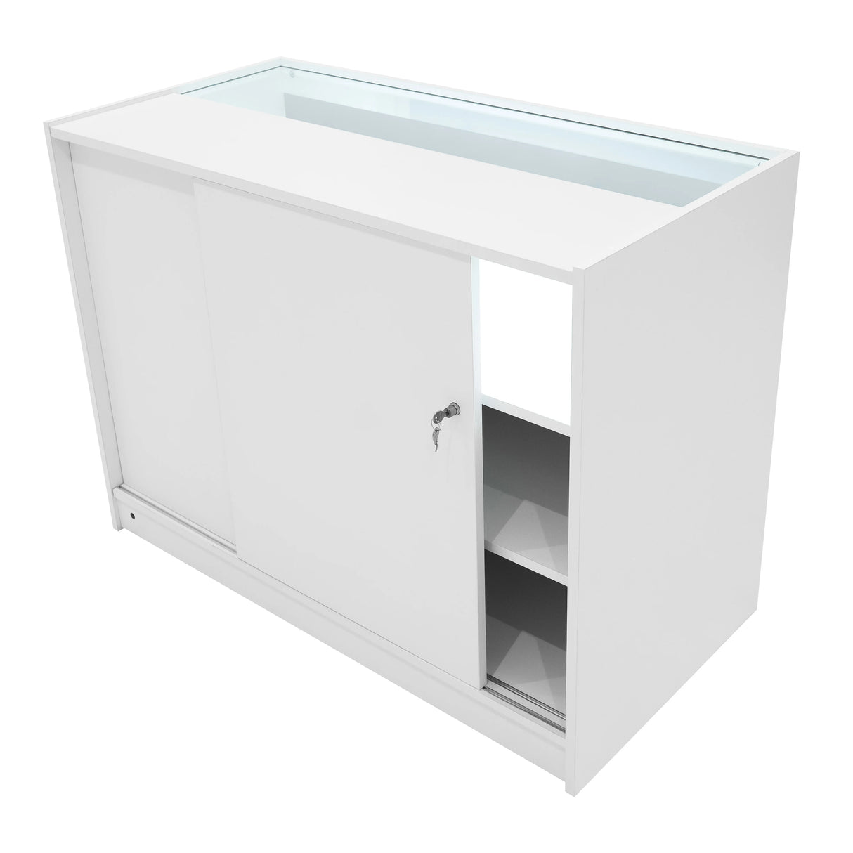 Demeter LED Shop Counter Set in white, featuring sliding doors, glass top, and spacious interior shelves for organized display