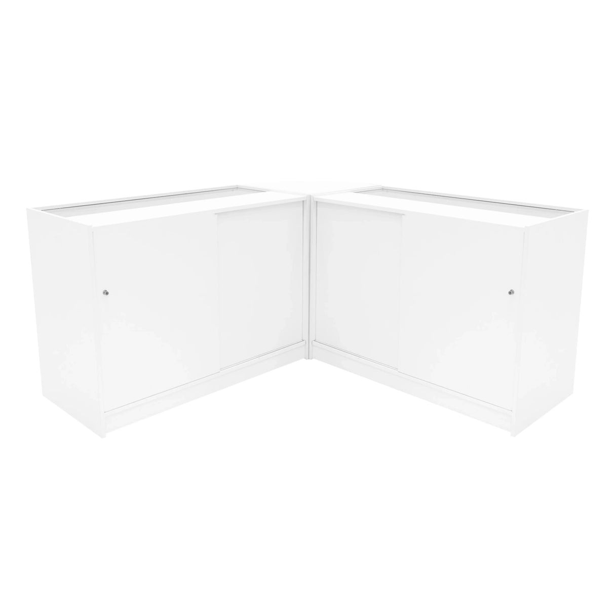 Demeter LED Shop Counter Set in white, featuring sleek, modern design with smooth surfaces and sliding doors for easy access