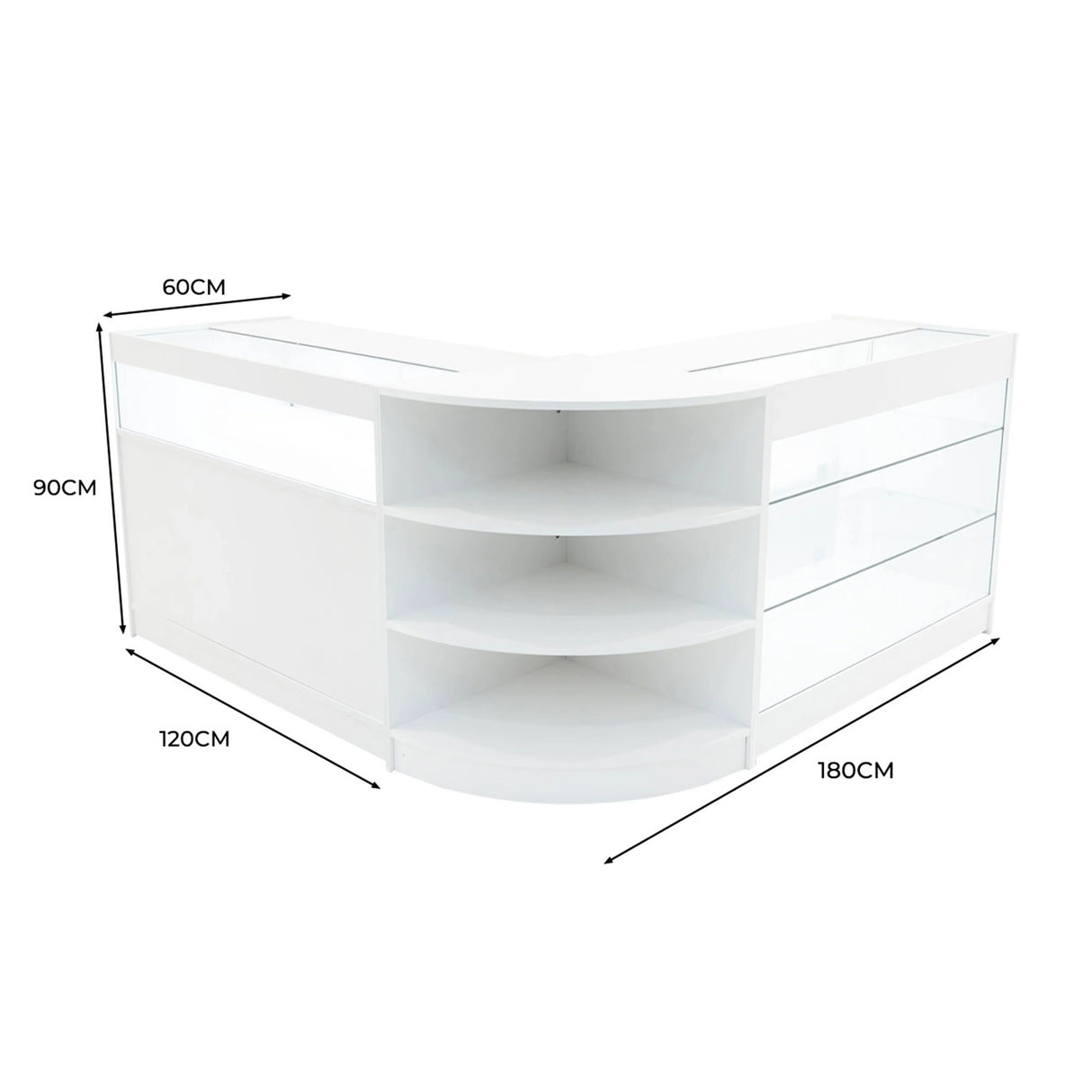 White Demeter LED shop counter set featuring curved design, glass shelves, and dimensions of 120cm x 180cm x 90cm, ideal for retail displays