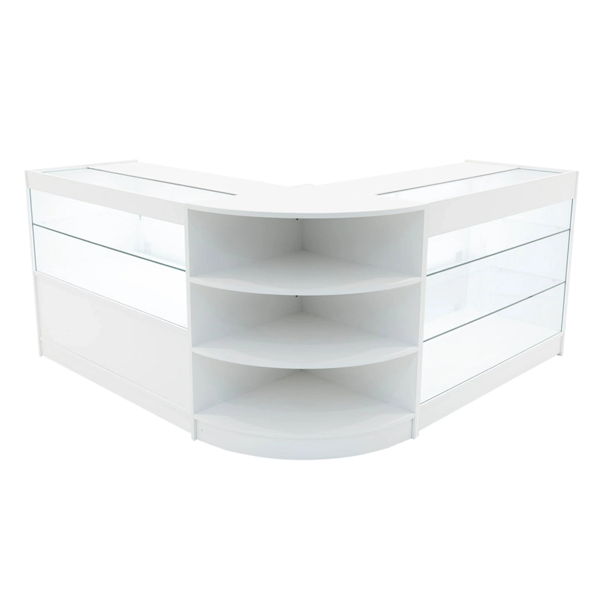 White Calliope LED Shop Counter Set featuring sleek glass displays, curved edges, and multiple shelves for organized product presentation