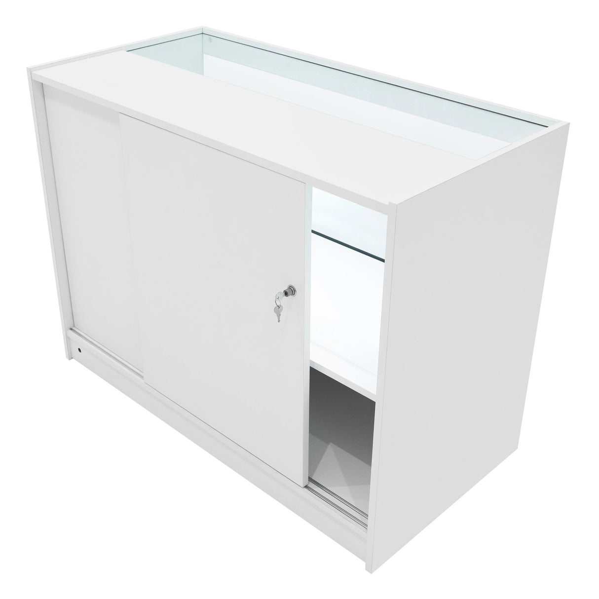 White Calliope LED shop counter set featuring sliding glass doors, sleek design, and illuminated display shelves for showcasing products