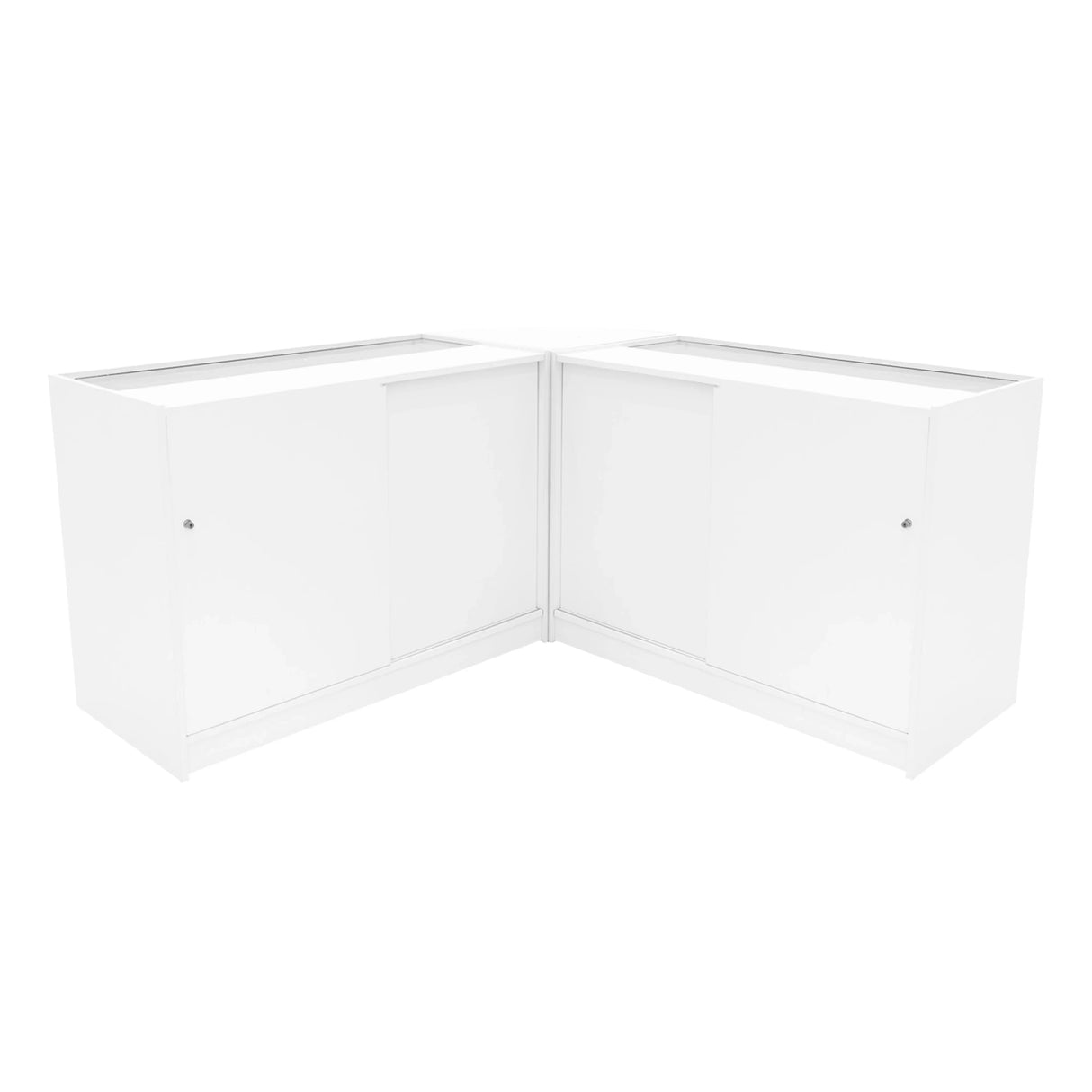 White Calliope LED shop counter set featuring sleek, modern design with smooth surfaces and sliding doors for storage